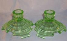 Green TEAROOM Depression Glass Candlestick Pair