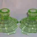 Green TEAROOM Depression Glass Candlestick Pair