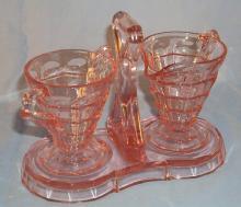 Pink TEAROOM Depression Glass Creamer & Sugar on Tray.