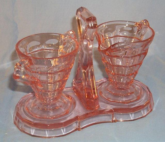 Pink TEAROOM Depression Glass Creamer & Sugar on Tray.