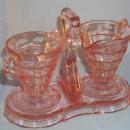 Pink TEAROOM Depression Glass Creamer & Sugar on Tray.