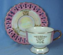 Porcelain PINK LUSTRE luster Pierced Rim Cup & Saucer