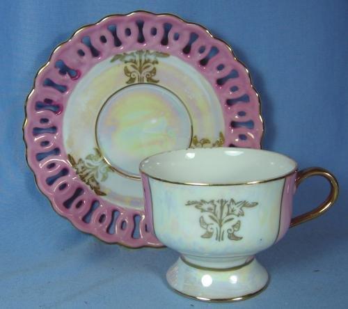 Porcelain PINK LUSTRE luster Pierced Rim Cup & Saucer