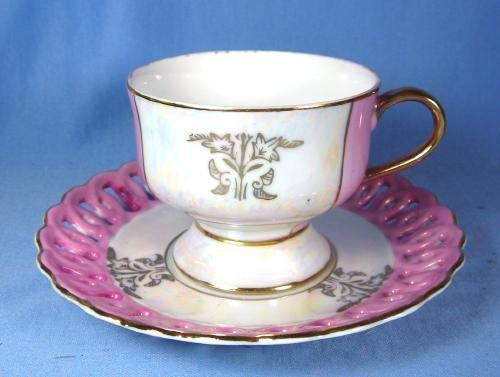 Porcelain PINK LUSTRE luster Pierced Rim Cup & Saucer