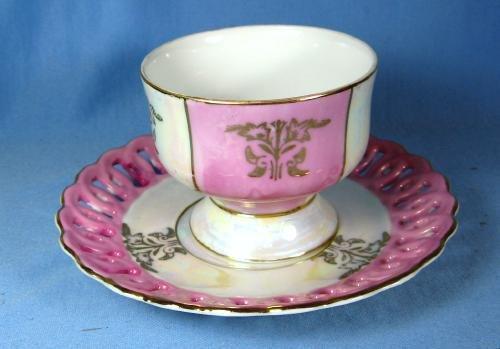 Porcelain PINK LUSTRE luster Pierced Rim Cup & Saucer