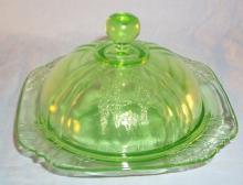 Green PARROT Depression Glass Butter Dish and Cover