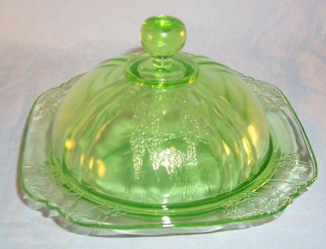 Green PARROT Depression Glass Butter Dish and Cover