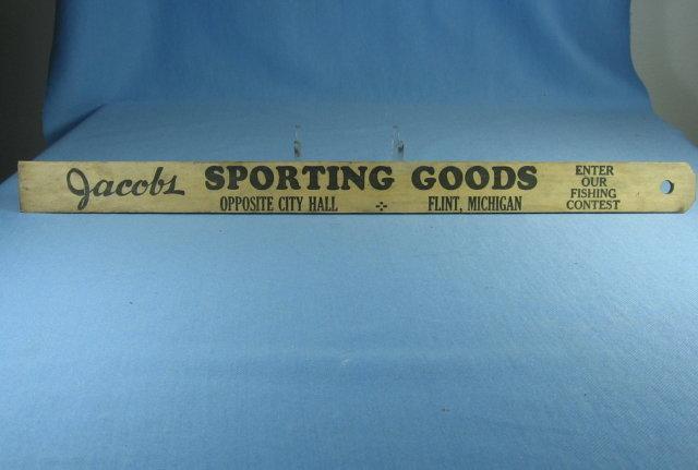Wood FISH RULER Vintage Jacobs Sporting Goods Flint MI Advertising Sporting