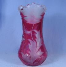 Moser Cranberry Cameo Cut to Clear Art Glass Vase - Antique Victorian