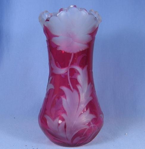 Moser Cranberry Cameo Cut to Clear Art Glass Vase - Antique Victorian