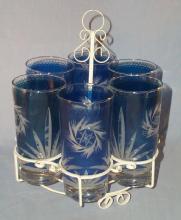 Six Cobalt Glasses Cut to Clear in White Holder