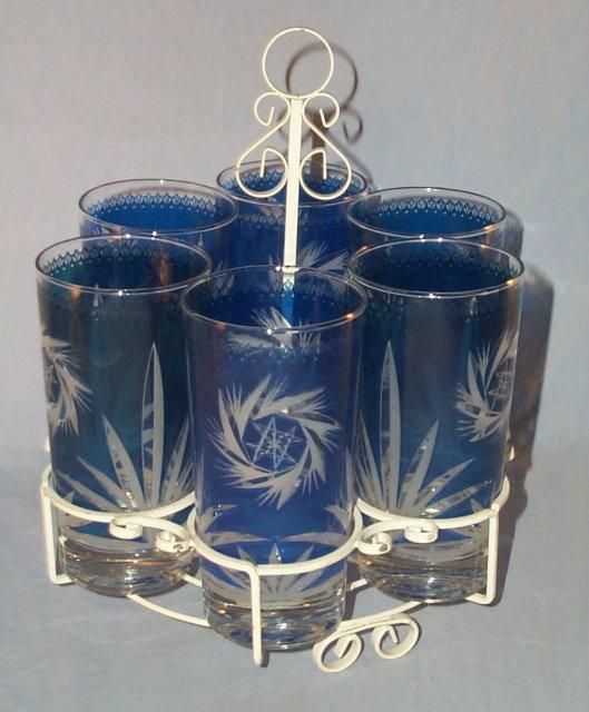Six Cobalt Glasses Cut to Clear in White Holder