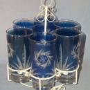 Six Cobalt Glasses Cut to Clear in White Holder