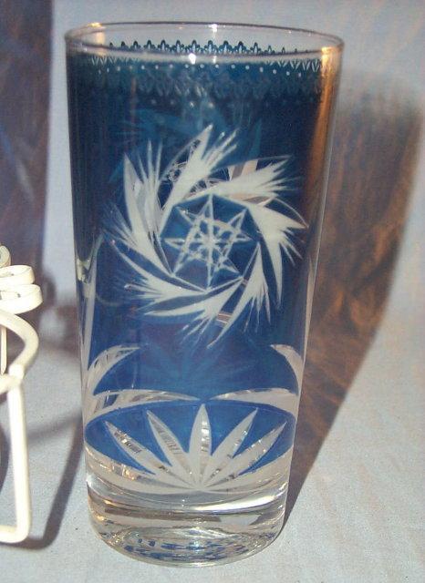 Six Cobalt Glasses Cut to Clear in White Holder