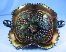 Northwood Carnival Glass Grape and Cable ~ Amethyst 2 Handle Nappy