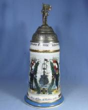 Stein German Lithograph Military Stein - Sailor & Flag Finial - Antique Porcelain