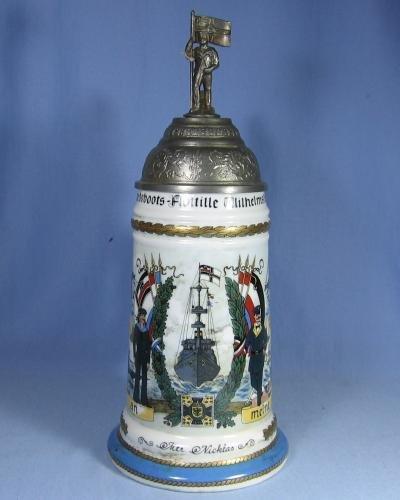 Stein German Lithograph Military Stein - Sailor & Flag Finial - Antique Porcelain