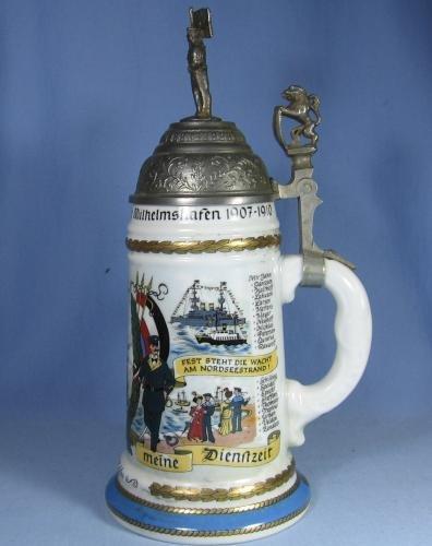 Stein German Lithograph Military Stein - Sailor & Flag Finial - Antique Porcelain