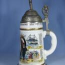 Stein German Lithograph Military Stein - Sailor & Flag Finial - Antique Porcelain