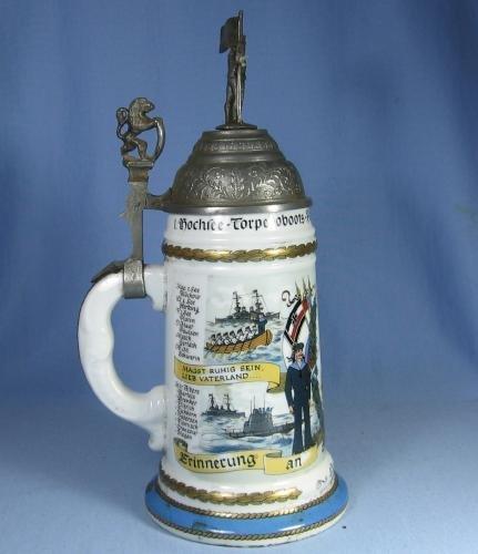Stein German Lithograph Military Stein - Sailor & Flag Finial - Antique Porcelain
