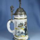 Stein German Lithograph Military Stein - Sailor & Flag Finial - Antique Porcelain