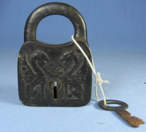 Victorian Iron PADLOCK and Key - DRAGON Embossed Case metalware tool
