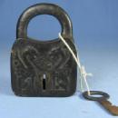 Victorian Iron PADLOCK and Key - DRAGON Embossed Case metalware tool