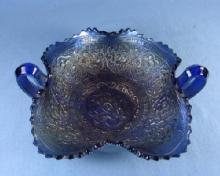 Fenton carnival glass PERSIAN MEDALLION Blue Carnival Glass 2-Handle Bon-Bon Nappy