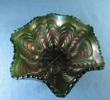 Fenton Carnival Glass PEACOCK TAIL Green Bowl