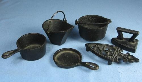 vintage Old Miniature Cast Iron Stove POTS PANS Sad IRON Toy Group - vintage Metalware