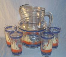 Set SAILBOAT Depression Glass Pitcher and Four Glasses