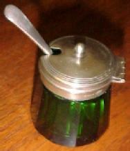 Green Cut Glass Mustard Server & Spoon - Glass
