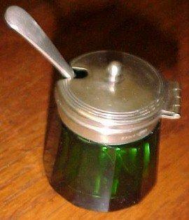 Green Cut Glass Mustard Server & Spoon - Glass