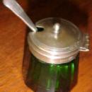Green Cut Glass Mustard Server & Spoon - Glass
