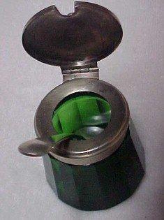 Green Cut Glass Mustard Server & Spoon - Glass