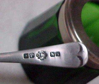 Green Cut Glass Mustard Server & Spoon - Glass