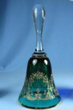 Emerald Green Gold Decorated Etched Glass HAND BELL -