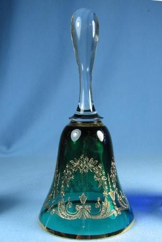 Emerald Green Gold Decorated Etched Glass HAND BELL -