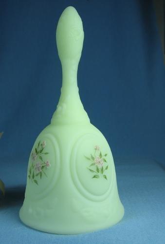 Fenton Custard Glass Hand Decorated Coralene Hand BELL artist sgn