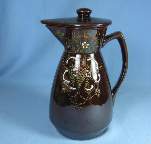 Decorated Redware Teapot Pitcher - Vintage Pottery