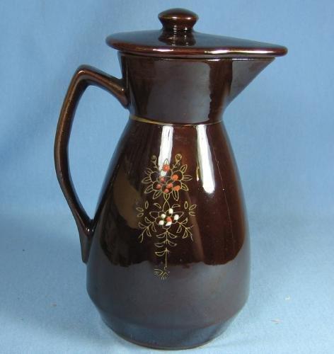 Decorated Redware Teapot Pitcher - Vintage Pottery