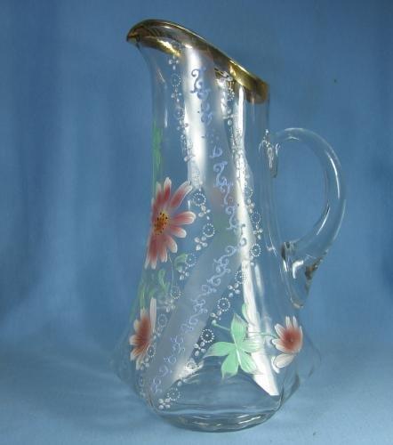 old vintage Hand Painted Victorian Glass Tankard PITCHER Decorated with Painted DAISY