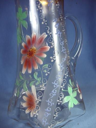 old vintage Hand Painted Victorian Glass Tankard PITCHER Decorated with Painted DAISY