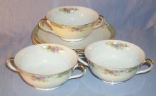 Set of Three NORITAKE Porcelain Cream Soups with Plates
