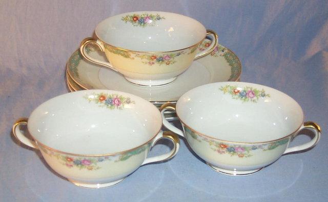 Set of Three NORITAKE Porcelain Cream Soups with Plates