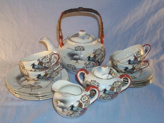 Beautiful 17 Piece Porcelain Oriental Tea Set with LITHOPANE Cups