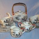 Beautiful 17 Piece Porcelain Oriental Tea Set with LITHOPANE Cups