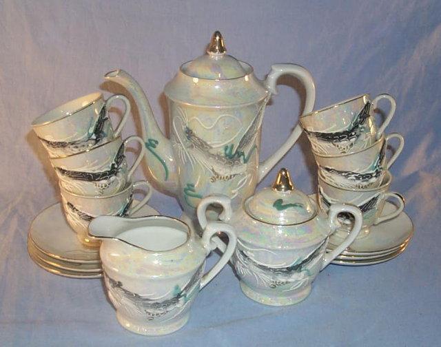 17 Piece DRAGONWARE Porcelain Tea Set with LITHOPANE Cups