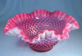 old Fenton Cranberry Opalescent Hobnail Bowl - Antique Glass Brides Basket