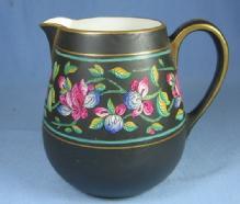 Pottery Porcelain Hand Painted Pitcher - Black with Bright Florals
